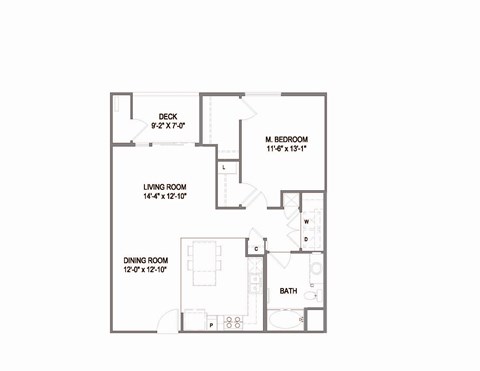 Floor plan for 1 bed, 1 bath, 868 sqft